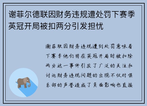 谢菲尔德联因财务违规遭处罚下赛季英冠开局被扣两分引发担忧 谢菲尔德联因财务违规遭处罚下赛季英冠开局被扣两分引发担忧