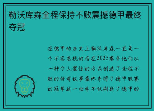 勒沃库森全程保持不败震撼德甲最终夺冠