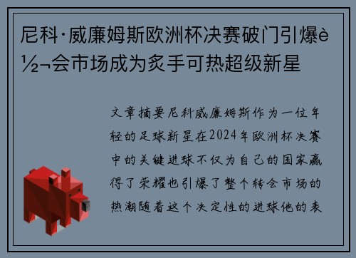 尼科·威廉姆斯欧洲杯决赛破门引爆转会市场成为炙手可热超级新星 尼科·威廉姆斯欧洲杯决赛破门引爆转会市场成为炙手可热超级新星